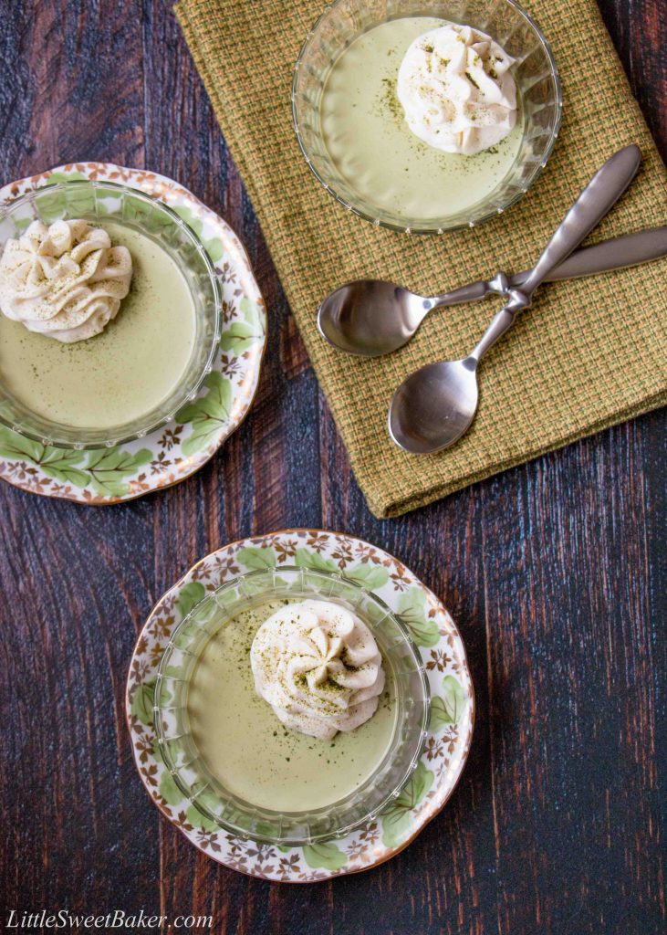 A silky-smooth green tea pudding topped with a sweet white chocolate whipped cream. #matchapudding #greenteapudding #chinesedessert #japanesedessert #matchagreentea