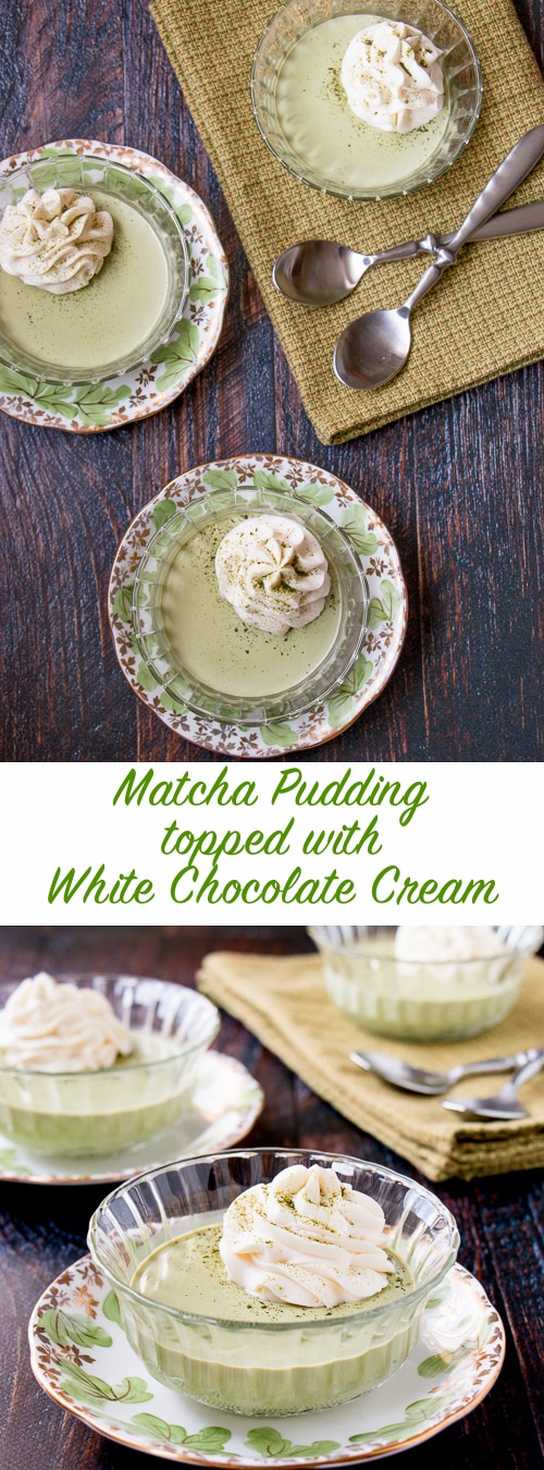 A silky-smooth green tea pudding topped with a sweet white chocolate whipped cream. #matchapudding #greenteapudding #chinesedessert #japanesedessert #matchagreentea