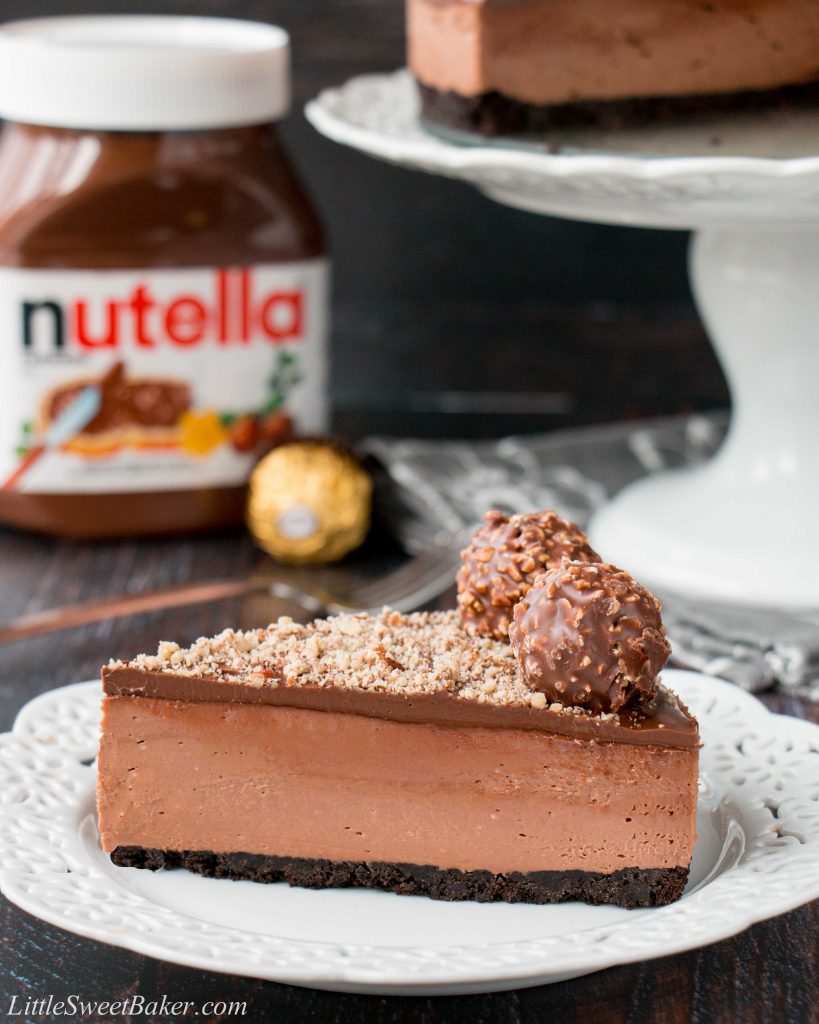 Oreo cookie crust with a Nutella cheesecake filling, topped with more Nutella and decorated with Ferrero Rocher candies. This no-bake recipe is the easiest and most delicious Nutella cheesecake you will ever make!