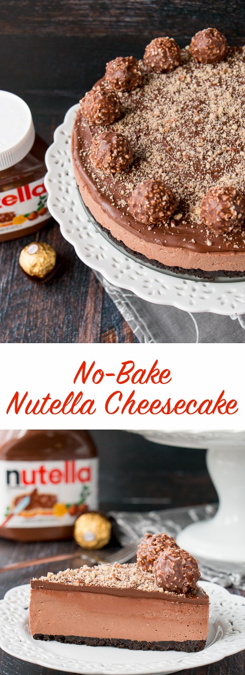 This is a creamy-dreamy Nutella cheesecake with an Oreo cookie crumb crust. It's topped with more Nutella and decorated with Ferrero Rocher candies. This no-bake recipe is the easiest and most delicious cheesecake you will ever make!