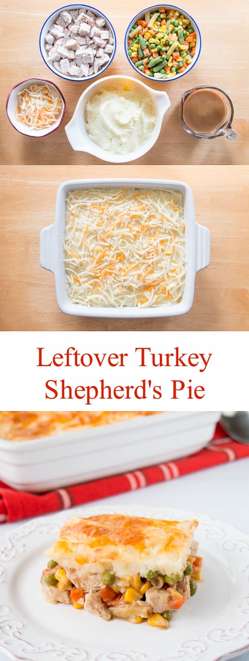 Transform almost all your leftovers into a scrumptious new meal. Use up your leftover turkey, veggies, mashed potatoes and gravy in this delicious shepherd's pie. #leftoverturkeyrecipes #leftovermashedpotatorecipes #leftovergravy #leftovervegetables