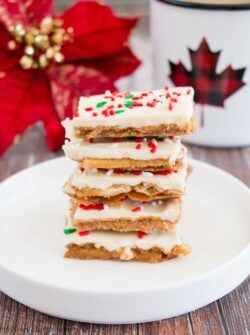 Light and crispy saltine crackers surrounded by a buttery toffee and topped with creamy white chocolate makes this little treat absolutely addictive! You won't be able to just one. #whitechocolate #christmascrack #crackcandy #christmastoffee #saltinetoffee #saltinecrackertoffee