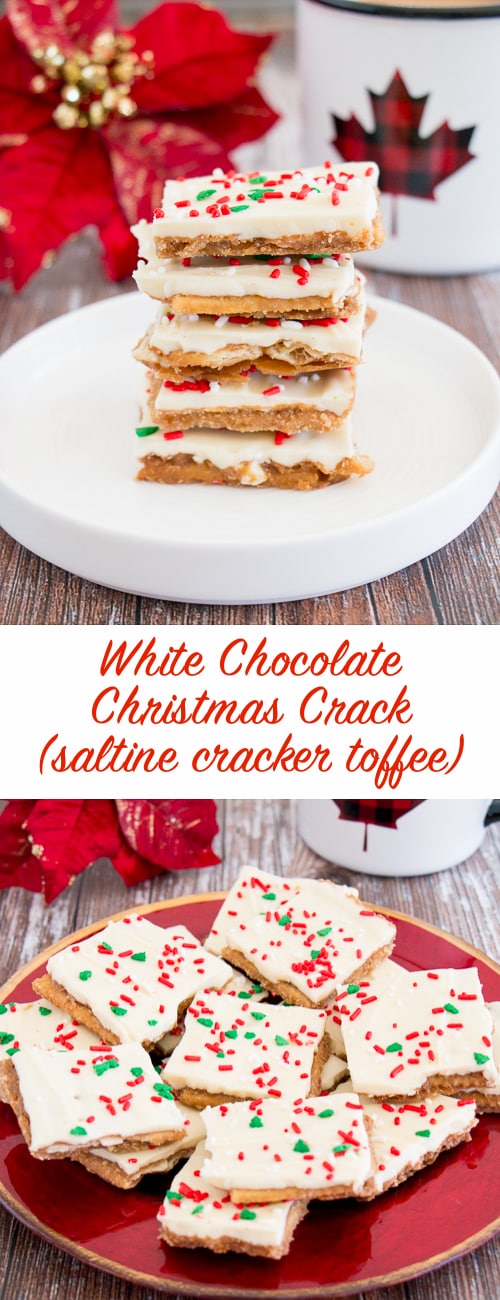 Light and crispy saltine crackers surrounded by a buttery toffee and topped with creamy white chocolate makes this little treat absolutely addictive! You won't be able to just have one. #whitechocolate #christmascrack #crackcandy #christmastoffee #saltinetoffee #saltinecrackertoffee