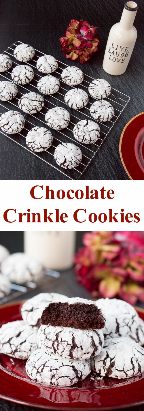 These fudgy chocolate crinkle cookies are rich and chewy like brownie bites rolled in powdered sugar. #chocolatecrinklecookies #browniecookies #Christmascookie #crinklecookies