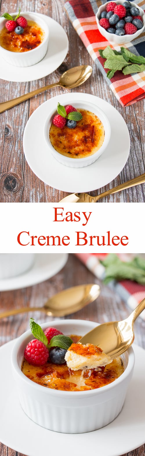 See how easy it is to make creme brulee with just 4 ingredients. There is no need to heat the cream or temper the eggs in this recipe. #cremebrulee #easycremebrulee #vanillacremebrulee