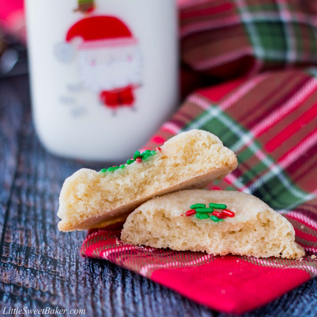 These soft and thick sugar cookies are nice and chewy with the perfect amount of sweetness. No chilling required, just make and bake! #sugarcookies #softsugarcookies #bestsugarcookies #Christmascookies #chewysugarcookies #thicksugarcookies