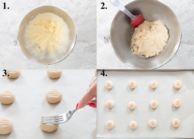 A picture collage of how to make whipped shortbread cookies.