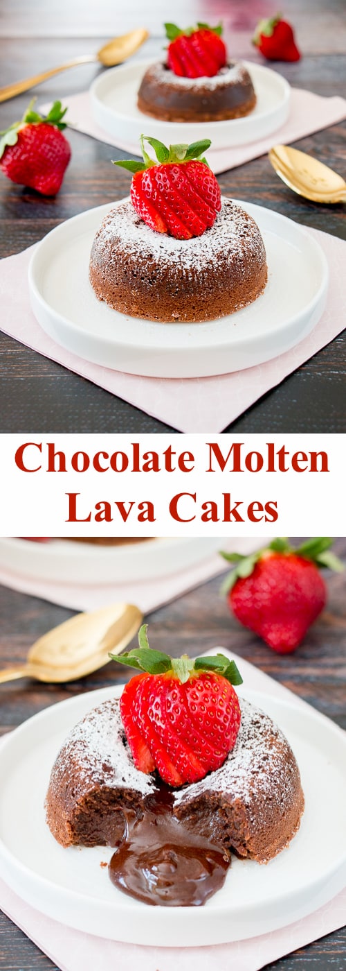 This rich and dense chocolate cake has an irresistible warm and gooey chocolate center that flows like lava when you break into the cake. Just a few simple ingredients and you can have this decadent dessert ready in under 30 minutes. #chocolatelavacake #chocolatemoltencake #moltenlavacake #valentinesdessert