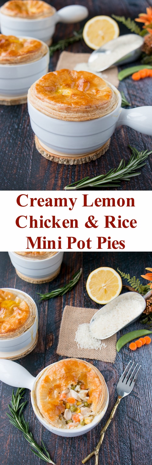 These mini chicken pot pies are topped with a flaky puff pastry and filled with rice, veggies and chicken in a creamy lemon sauce. #chickenpotpie #minichickenpotpies #chickenandrice #ReachForRice #Ad #usaricecan