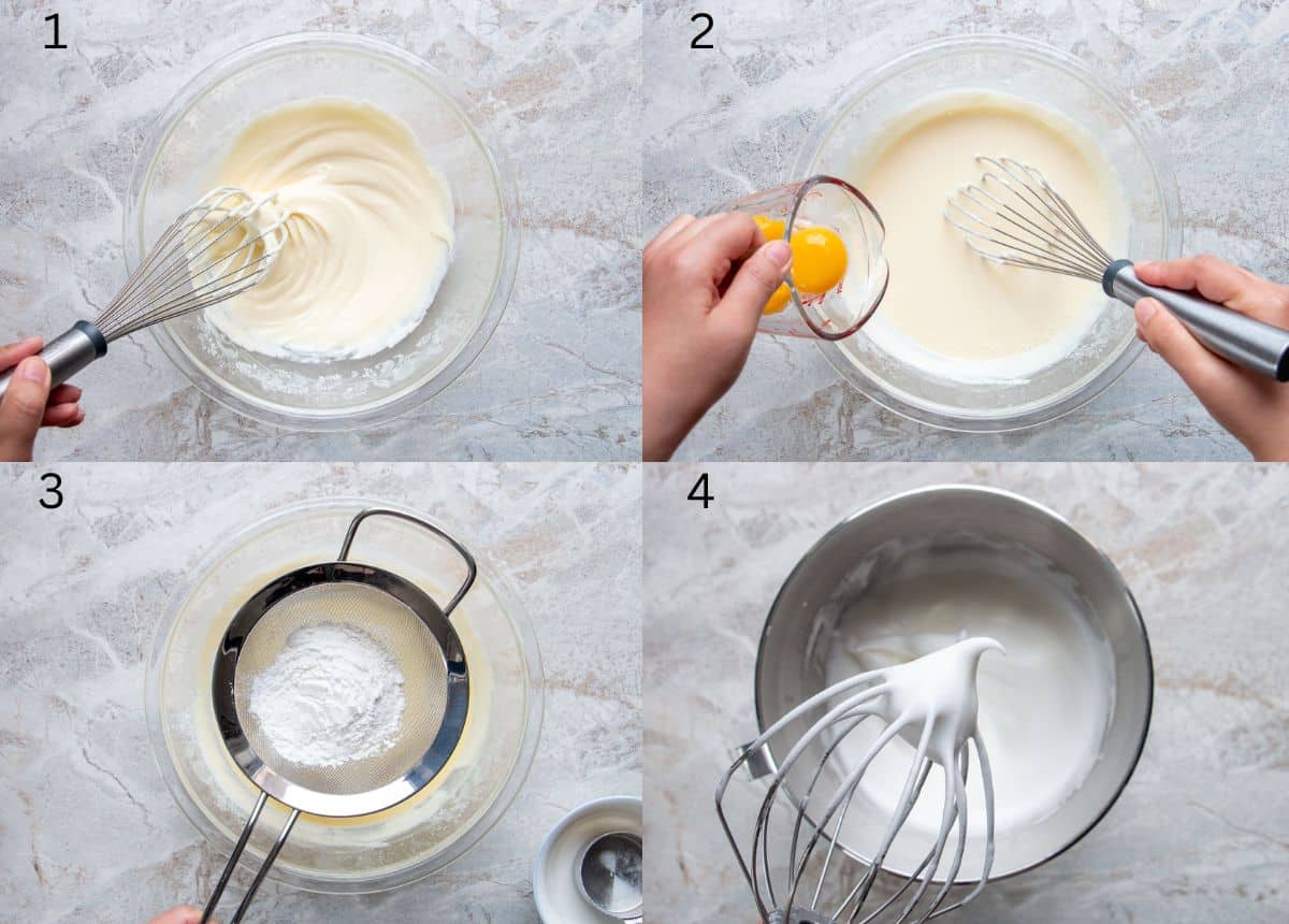 images showing steps 1-4 of how to make a Japanese cheesecake
