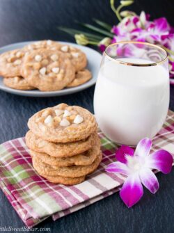 These ultra-chewy cookies are loaded with creamy white chocolate and heavenly macadamia nuts. #whitechocolatemacadamianutcookies #whitechocolatechipcookies #whitechocolatemacadamiacookies #softchocolatechipcookies #chewychocolatechipcookies