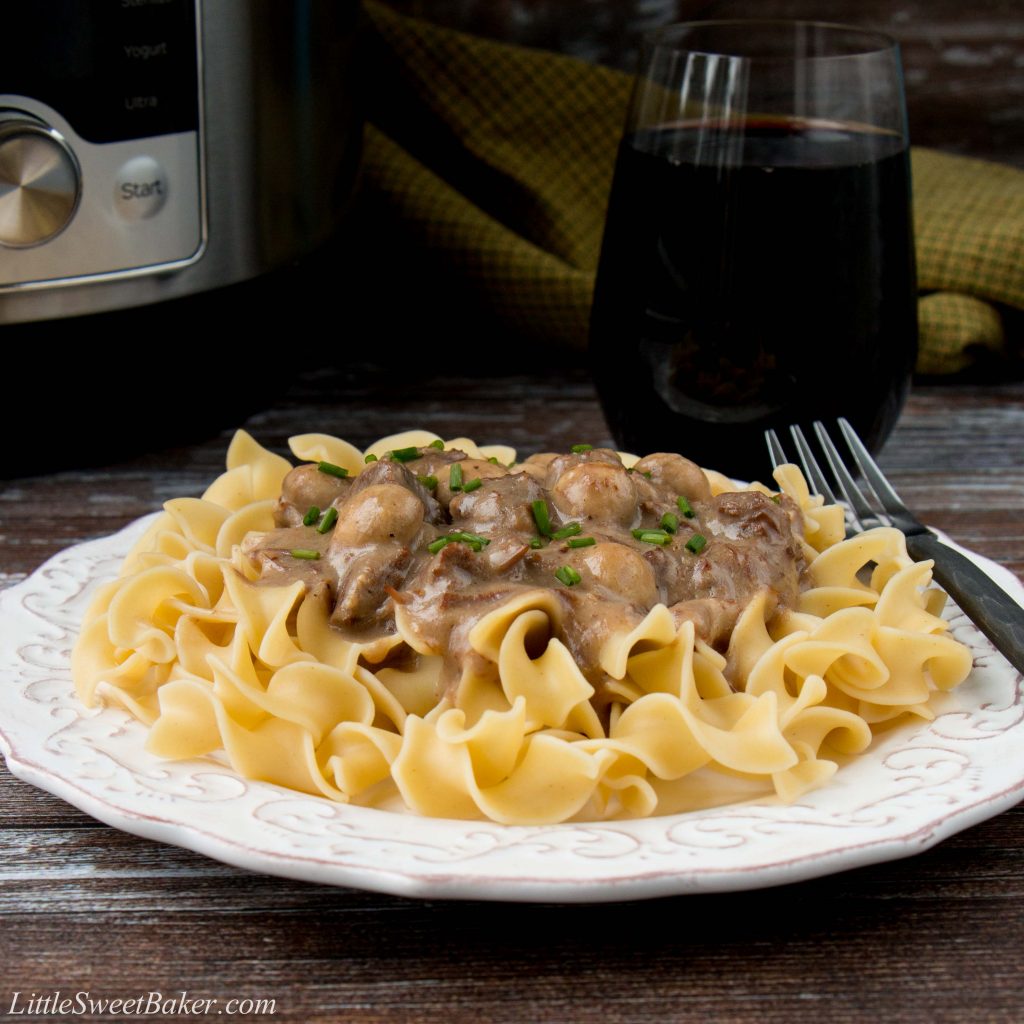 This easy one-pot meal features succulent chunks of beef in a creamy mushroom sauce. Cooking the beef in the Instant Pot makes it so tender and creates the most flavorful sauce you can imagine. #beefstroganoff #instantpotrecipe