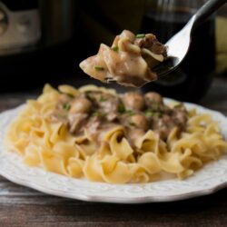 This easy one-pot meal features succulent chunks of beef in a creamy mushroom sauce. Cooking the beef in the Instant Pot makes it so tender and creates the most flavorful sauce you can imagine. #beefstroganoff #instantpotrecipe