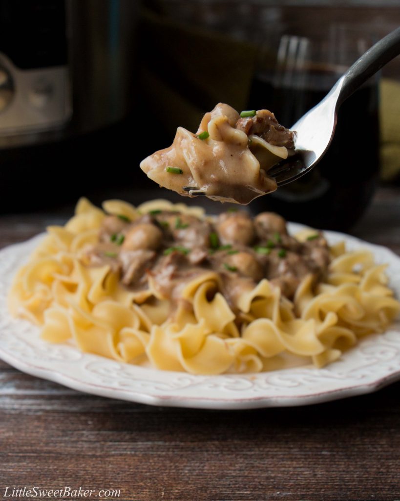 This easy one-pot meal features succulent chunks of beef in a creamy mushroom sauce. Cooking the beef in the Instant Pot makes it so tender and creates the most flavorful sauce you can imagine. #beefstroganoff #instantpotrecipe