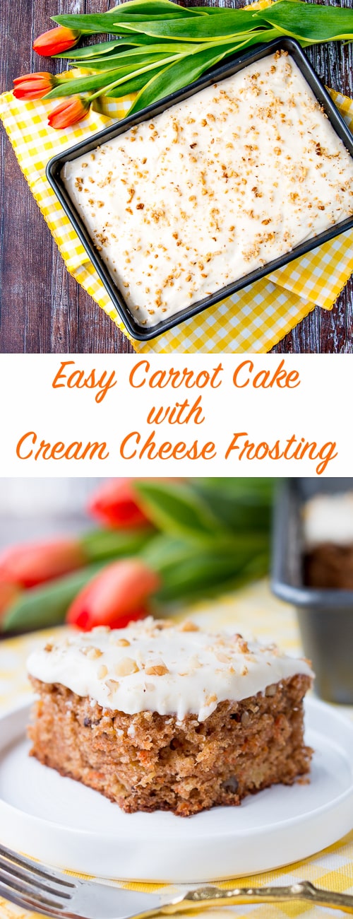 This delicious carrot cake is easy to make, moist and tender. It's speckled with shredded carrots, pineapple chunks, walnuts and topped with a sweet-tangy cream cheese frosting. #carrotcake #carrotcakerecipe #easycarrotcake