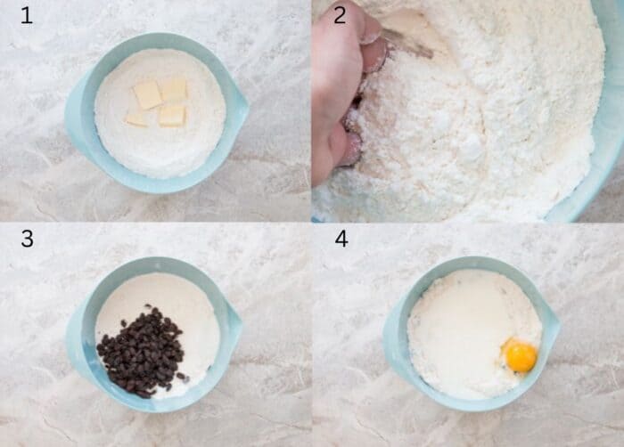 picture collage of how to make soda bread with raisins steps 1-4