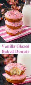 These baked donuts are soft, fluffy, and so much healthier than fried donuts, but just as tasty! #vanilladonuts #bakeddonuts #homemadedonuts #vanillaglaze #glazeddonuts