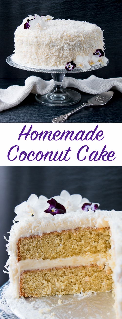 This delicious made-from-scratch coconut cake is infused with natural coconut flavor and topped with a sweet-tangy cream cheese frosting. #coconutcake #southerncoconutcake #bestcoconutcake #inagartencoconutcake #easycoconutcake #easterdessert