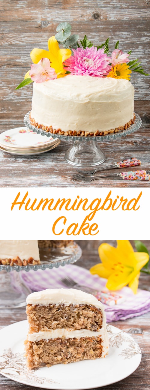 Coated in a delicious cream cheese frosting, this supremely moist banana cake has sweet pieces of pineapples and crunchy pecans mixed in. It's spiced with cinnamon and nutmeg, and sweetened with brown sugar. #hummingbirdcake #layercake #creamcheesefrosting #bananacake