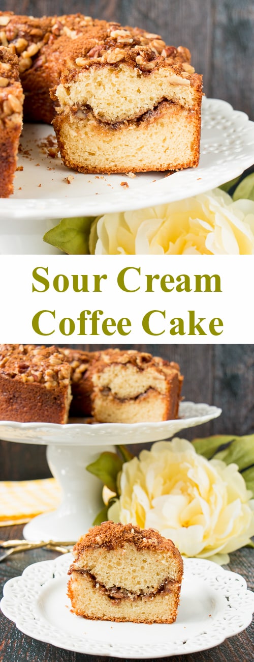This soft, moist and tender coffee cake with its layers of cinnamon and brown sugar streusel is guaranteed to be your most requested dessert. #coffeecake #sourcreamcoffeecake #cinnamoncoffeecake #walnutcoffeecake