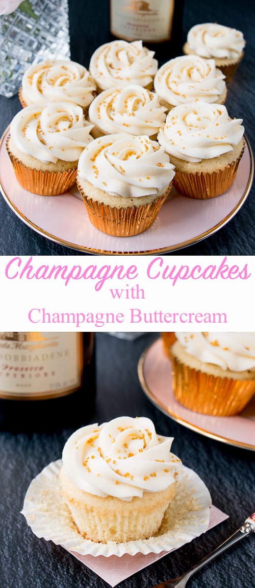 These cupcakes are rich, moist and full of champagne flavor. They are topped with a sweet and tangy champagne buttercream, and some gold sprinkles to make them extra special! #champagnecupcakes #champagnefrosting #mothersday #newyearseve #recipe #dessert