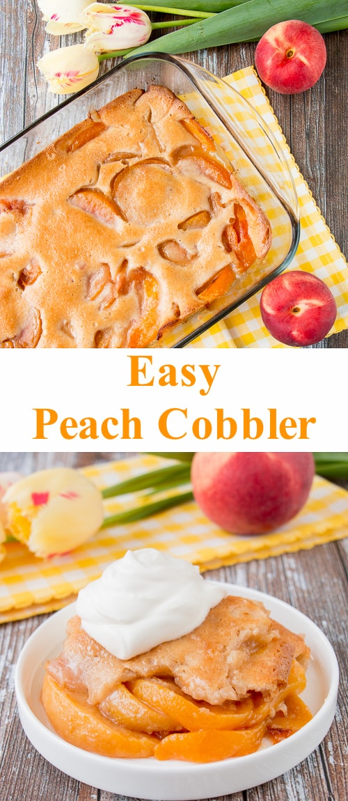 This heavenly peach cobbler consists of juicy flavorful peaches baked underneath a soft and fluffy cake topping. You can enjoy this made-from-scratch recipe all year round by using fresh, canned or even frozen peaches! #peachcobbler #easypeachcobbler #southernpeachcobbler