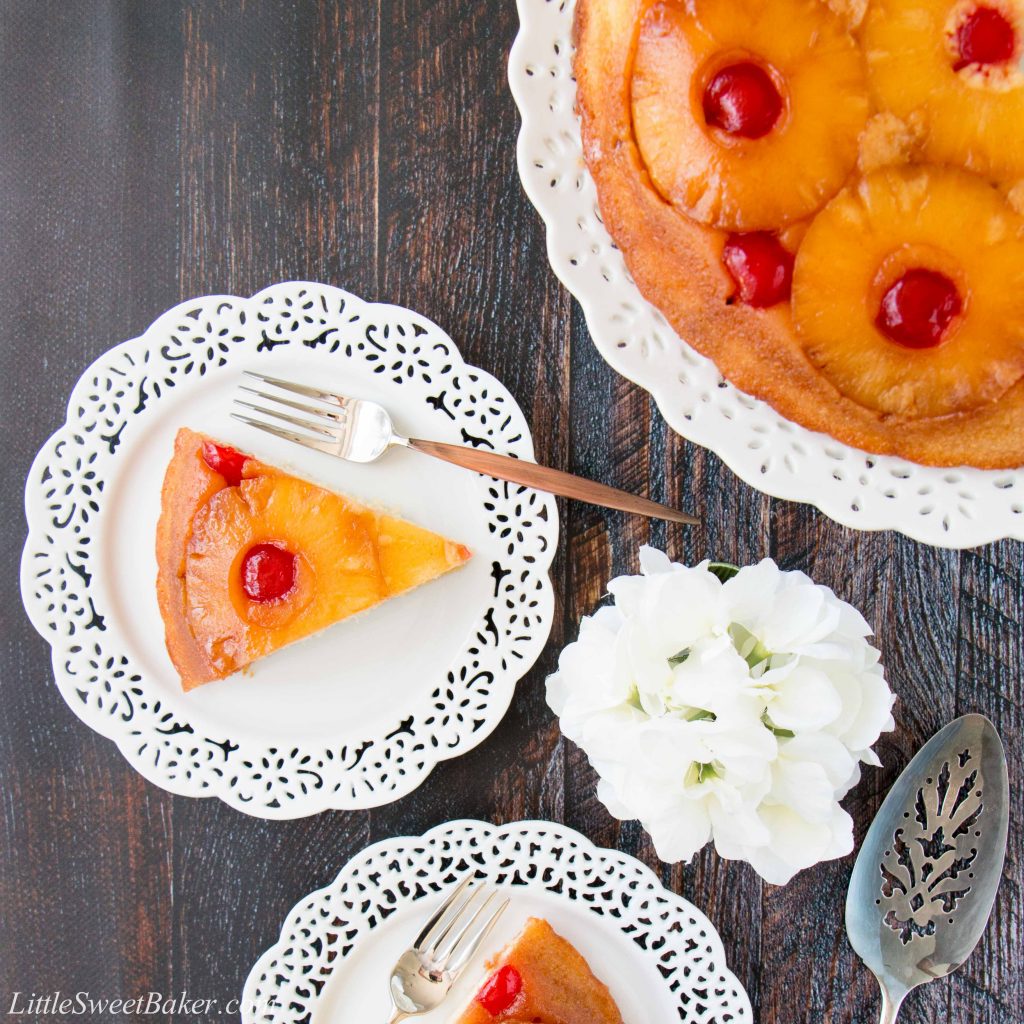Sweet-juicy caramelized pineapple slices baked underneath a soft, rich and buttery cake. This cake is turned upside down to reveal a gorgeous presentation! #pineappleupsidedowncake #upsidedowncake #pineapplecake #buttercake