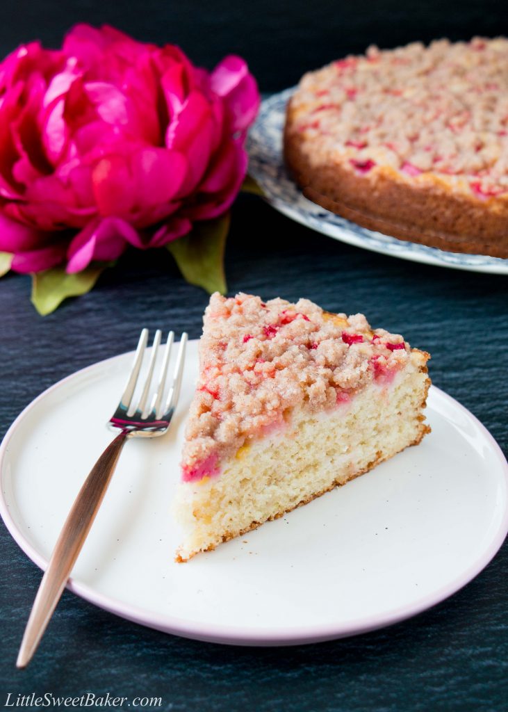 This is a tender and moist sour cream coffee cake topped with gorgeous chunks of rhubarb and a sweet-cinnamon streusel. #rhubarbcake #coffeecake #cinnamonstreusel