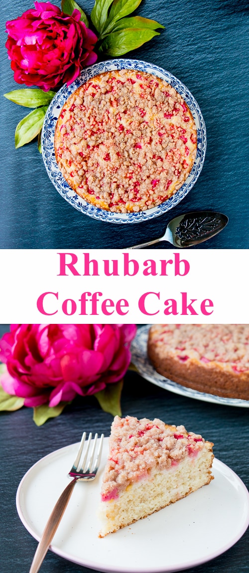 This is a tender and moist sour cream coffee cake topped with gorgeous chunks of rhubarb and a sweet-cinnamon streusel. #rhubarbcake #coffeecake #cinnamonstreusel