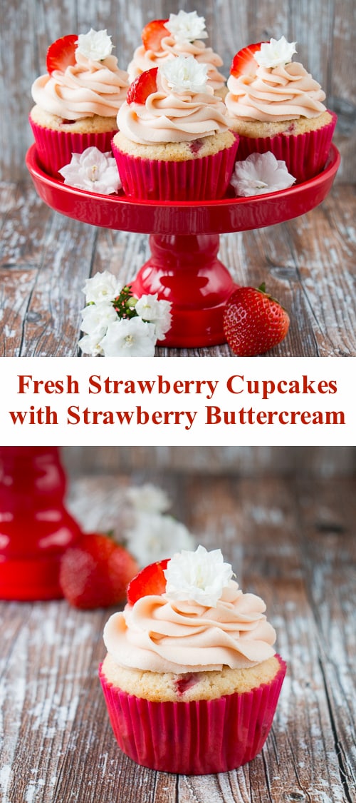 These fresh strawberry cupcakes are made from scratch with real strawberries and topped with a creamy strawberry buttercream. They are incredibly fluffy and moist, and full of fresh fruit flavor. #strawberrycupcakes #homemade #fresh #strawberrybuttercream