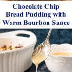 This classic recipe is elevated with the addition of chocolate and rich-buttery brioche bread. #breadpudding #chocolatechipbreadpudding #bourbonsauce #whiskeysauce #NewOrleansstyle