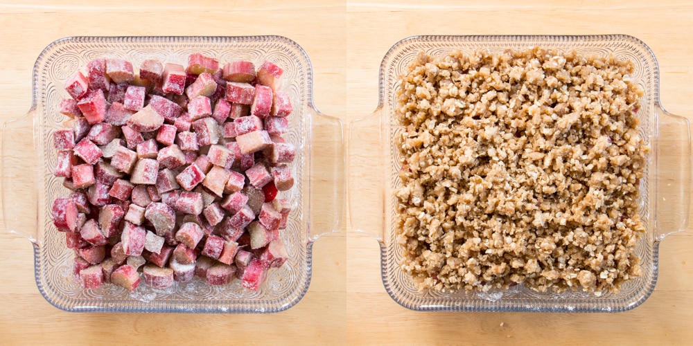 Chopped rhubarb topped with a crumble to bake into rhubarb crisp.