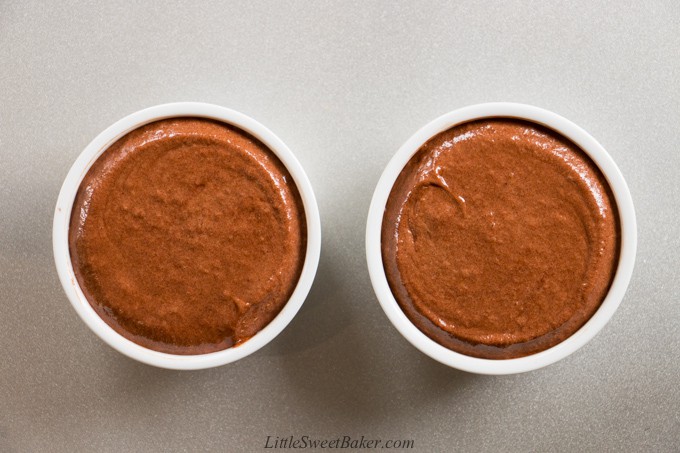 Two chocolate souffles ready to be baked