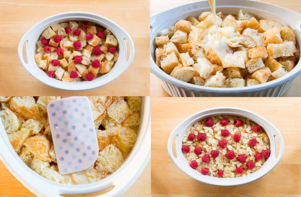 process shots of croissant bread pudding with berries and nuts.