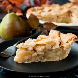 This incredible pear pie is sweetened with maple syrup and lightly spiced with ginger. The filling is made with fresh pears which gives it a lovely tender-crisp texture. #pearpie #gingerpearpie #maplepearpie #easypearpie