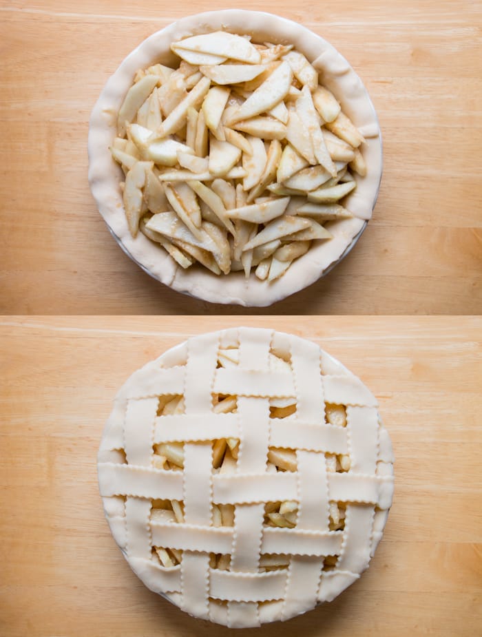 This incredible pear pie is sweetened with maple syrup and lightly spiced with ginger. The filling is made with fresh pears which gives it a lovely tender-crisp texture. #pearpie #gingerpearpie #maplepearpie #easypearpie