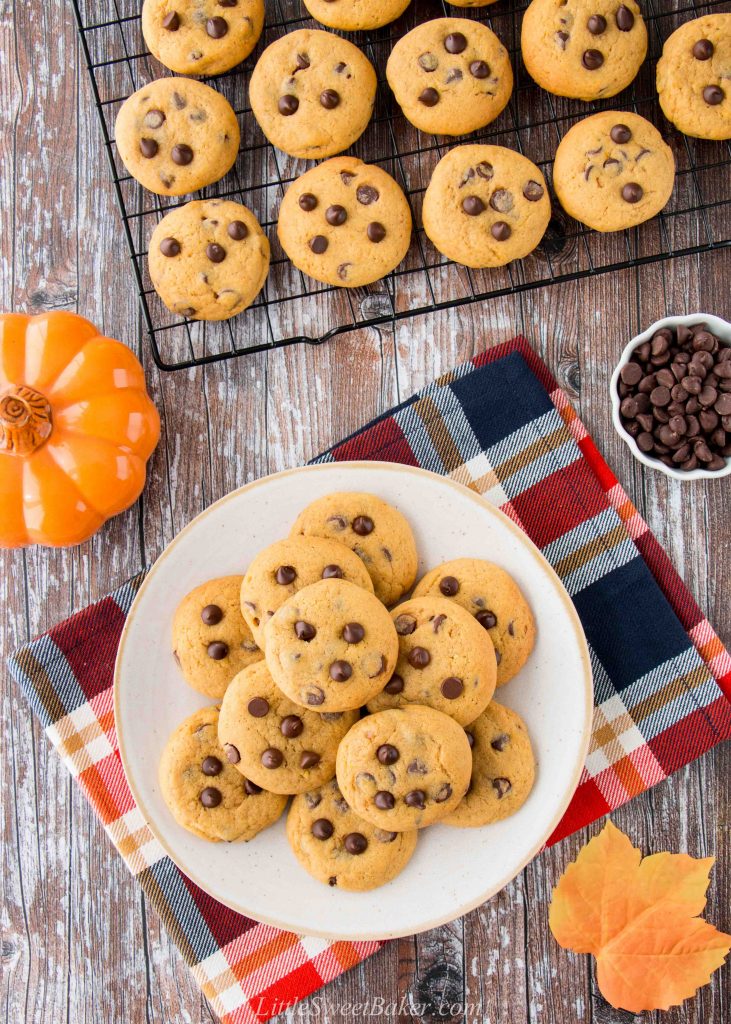 These soft and chewy pumpkin chocolate chip cookies are a perfect taste of fall. They have a lovely pumpkin flavor, lightly spiced and just the right amount of chocolate in every bite! #pumpkinchocolatechipcookies #chewypumpkinchocolatecookies #bestpumpkinchocolatechipcookies