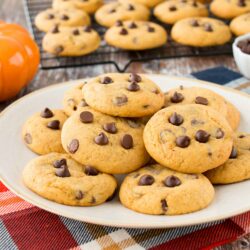 These soft and chewy pumpkin chocolate chip cookies are a perfect taste of fall. They have a lovely pumpkin flavor, lightly spiced and just the right amount of chocolate in every bite! #pumpkinchocolatechipcookies #chewypumpkinchocolatecookies #bestpumpkinchocolatechipcookies