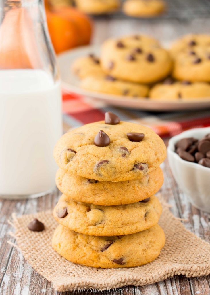 These soft and chewy pumpkin chocolate chip cookies are a perfect taste of fall. They have a lovely pumpkin flavor, lightly spiced and just the right amount of chocolate in every bite! #pumpkinchocolatechipcookies #chewypumpkinchocolatecookies #bestpumpkinchocolatechipcookies