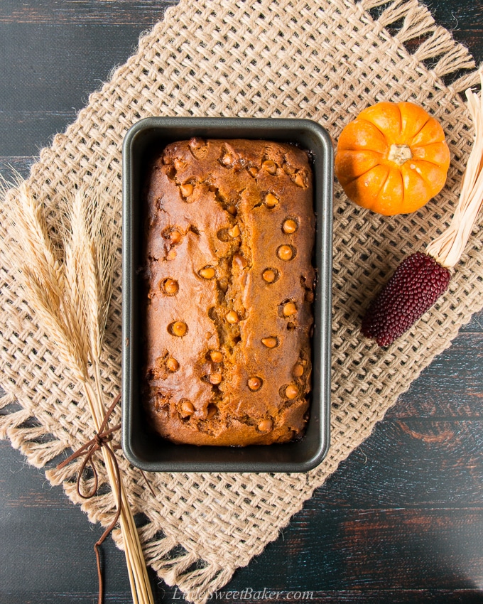 The flavor and aroma of butterscotch in this soft and moist pumpkin bread is absolutely intoxicating!. #butterscotch #pumpkinbread #pumpkinrecipe #fallbaking