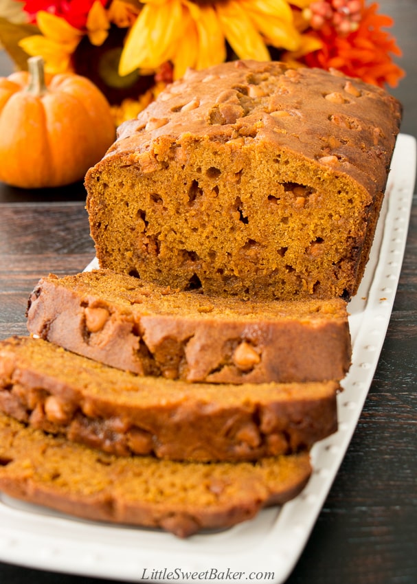 The flavor and aroma of butterscotch in this soft and moist pumpkin bread is absolutely intoxicating!. #butterscotch #pumpkinbread #pumpkinrecipe #fallbaking