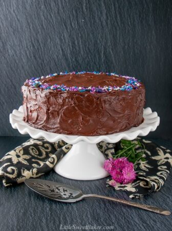 This supremely moist and tender chocolate cake is surrounded by a rich chocolate fudge frosting. It's the best chocolate cake you'll ever taste and uber easy to make! #chocolatecake #chocolatefudgecake #chocolatelayercake