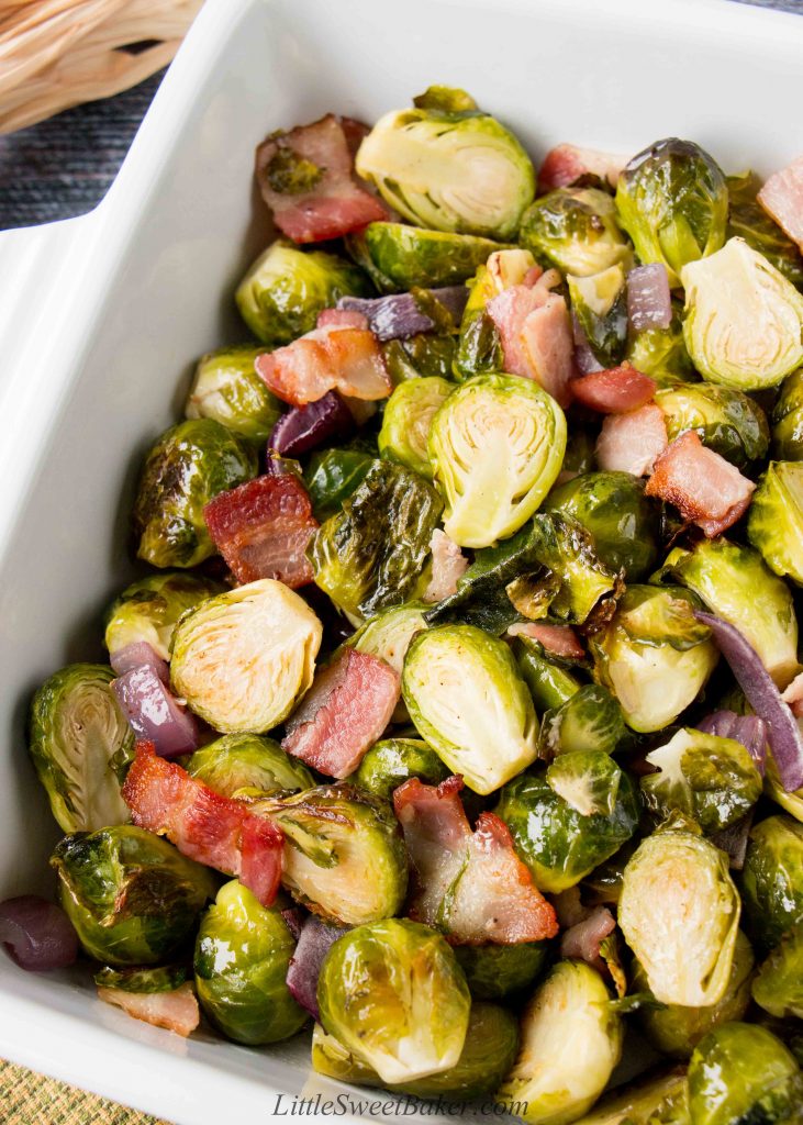 This easy one-pan roasted brussel sprouts is a perfect side dish to any meal. The bacon adds a smokey flavor to the crispy and sweet caramelized brussel sprouts. #roastedbrusselsprouts #Thanksgivingside #Thanksgivingrecipe