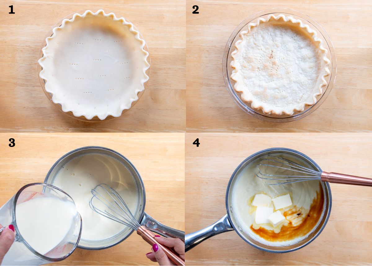 An image collage of how to make coconut cream pie steps 1-4