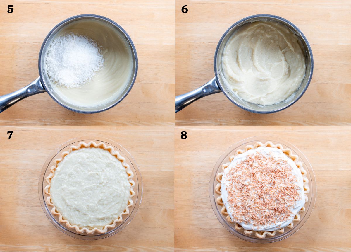 An image collage of how to make coconut cream pie steps 5-8