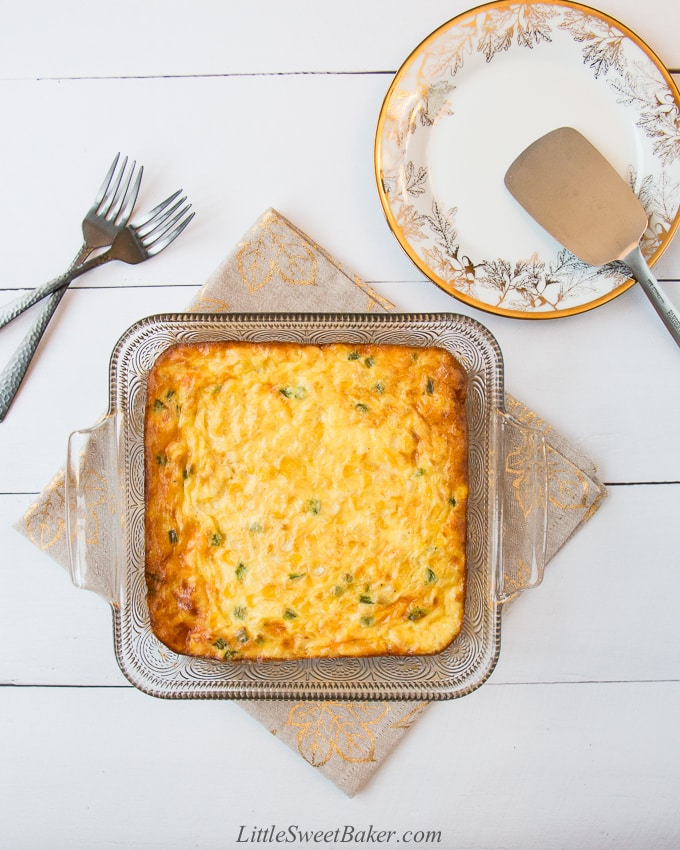 This custard-style corn casserole is sweet and creamy. It's made from scratch with no cornbread mix. #corncasserole #Thanksgiving #sidedish #recipe