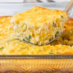 This custard-style corn casserole is sweet and creamy. It's made from scratch with no cornbread mix. #corncasserole #Thanksgiving #sidedish #recipe