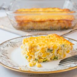 This custard-style corn casserole is sweet and creamy. It's made from scratch with no cornbread mix. #corncasserole #Thanksgiving #sidedish #recipe