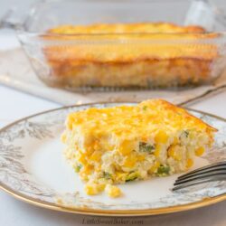 This custard-style corn casserole is sweet and creamy. It's made from scratch with no cornbread mix. #corncasserole #Thanksgiving #sidedish #recipe