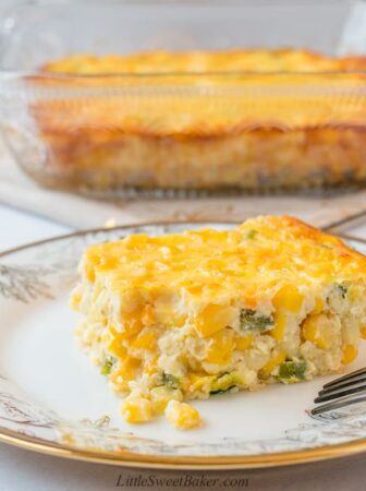This custard-style corn casserole is sweet and creamy. It's made from scratch with no cornbread mix. #corncasserole #Thanksgiving #sidedish #recipe